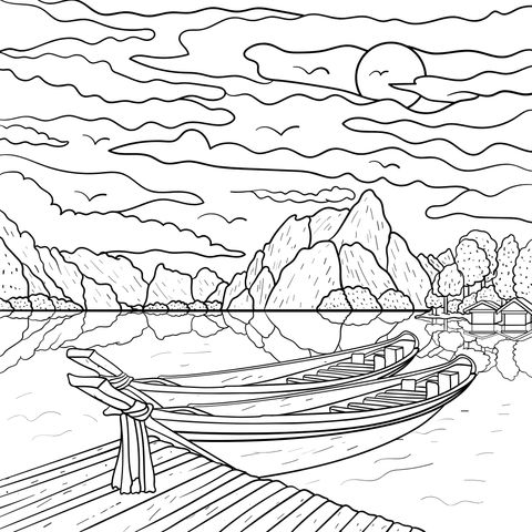 Serene Lakeside Sunset Coloring Page