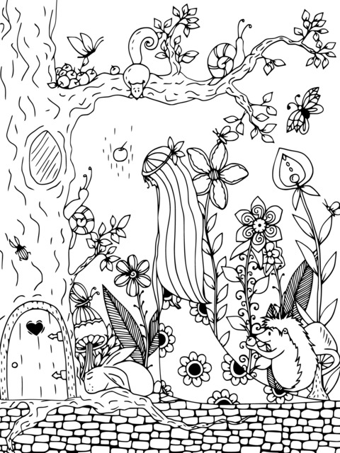 Coloring Page of a Girl in a Dreamy Forest