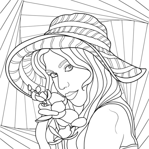 Coloring Page of a Woman with a Flower and Hat