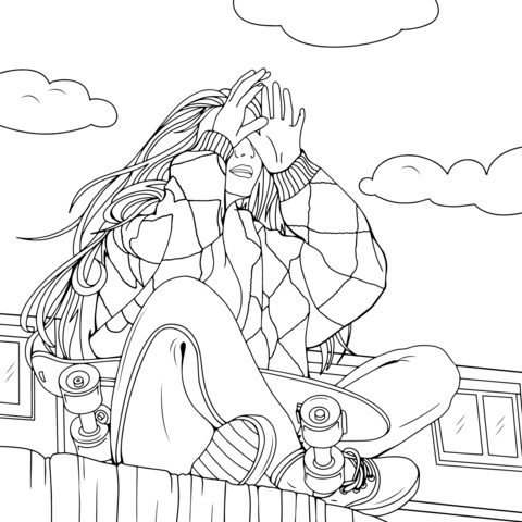 Fashionable Girl Sitting on Skateboard Coloring Page