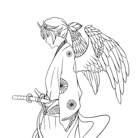 Kimono - clad character with wings and sword