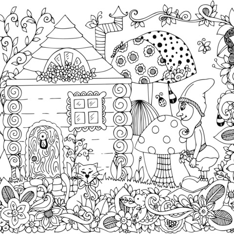 Coloring Page of a Fairy - Tale Cottage and a Gnome