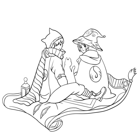 Magical Boy and Girl on Flying Carpet Coloring Page