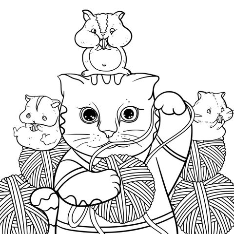 Adorable Cat and Hamsters Knitting Yarn Coloring Page