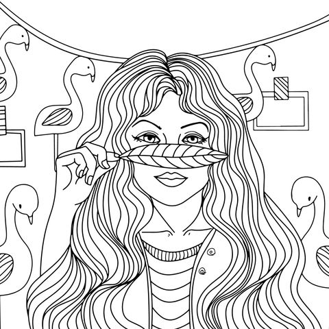 Fashionable Girl and Flamingos Coloring Page