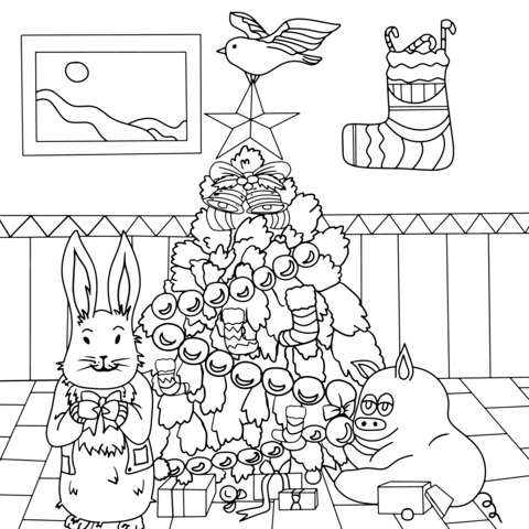 Los animales y el árbol de Navidad