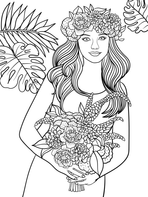 Página de Colorear de una Chica Soñadora con un Bouquet