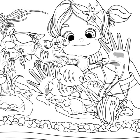 Coloring Page of a Girl and Marine Creatures