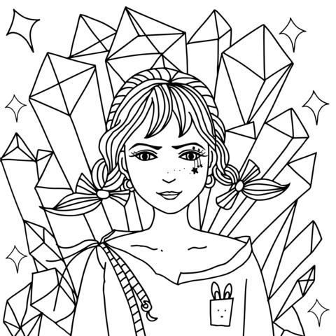 Red - Haired Girl and Crystal Illustration Coloring Page