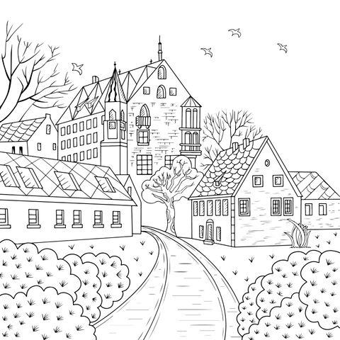 Fairytale - style Town Coloring Page