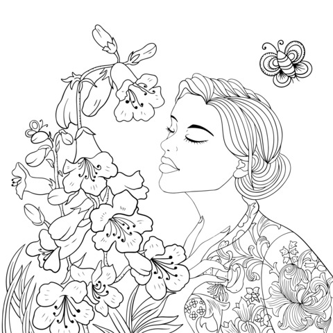 Coloring Page of Flowers and a Woman