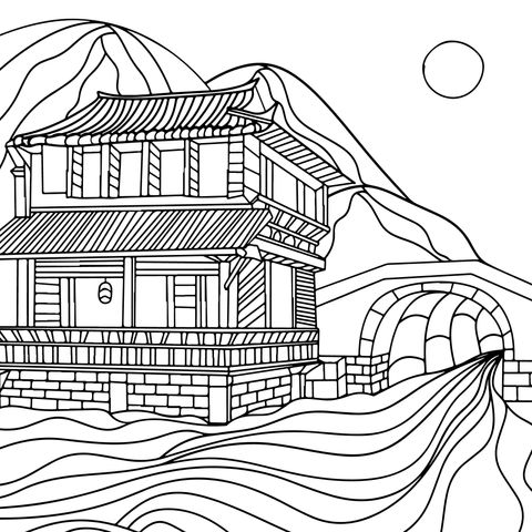 Ancient - style Landscape and Architecture Coloring Page