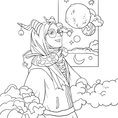 Coloring Page of a Girl with Headscarf and Dreamy Starry Sky