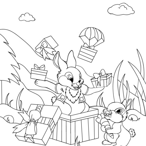 Joyful Rabbits and Gifts Coloring Page