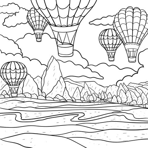 Hot air balloons flying over mountains and green fields