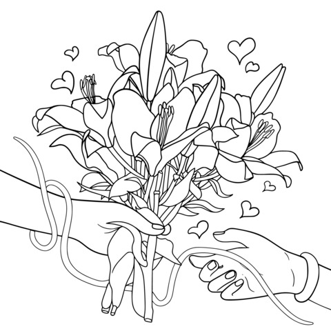 Romantic Coloring Page of Hands Holding a Bouquet of Lilies