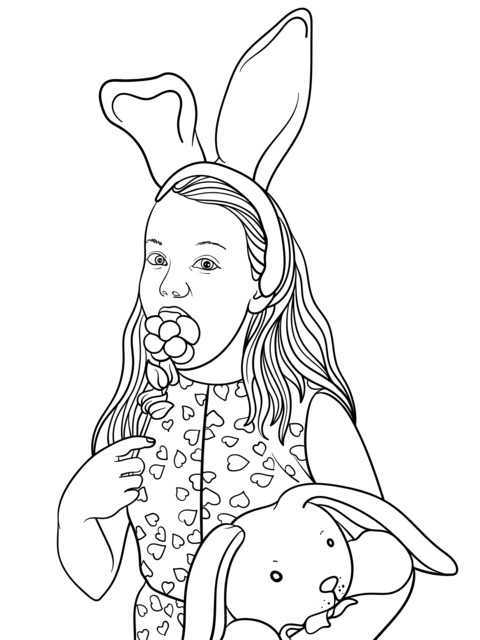 Girl wearing bunny - ear headband, holding a flower and cuddling a toy rabbit