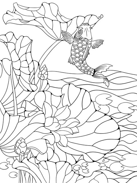 Koi Fish Leaping over Lotus Coloring Page