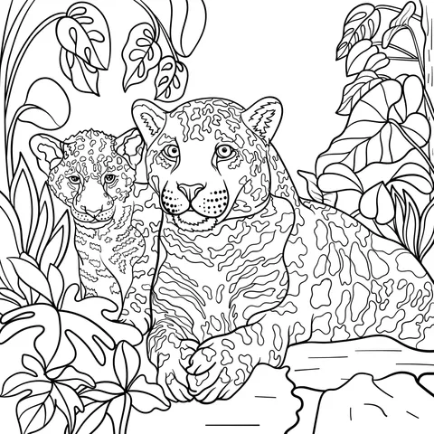 Mother and Cub Jaguars under the Moonlight