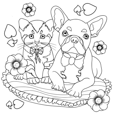 Adorable Cat and Dog Coloring Page