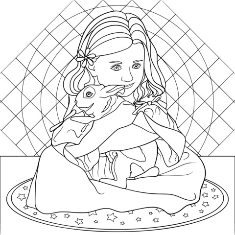 Coloring Page of a Girl and a Rabbit