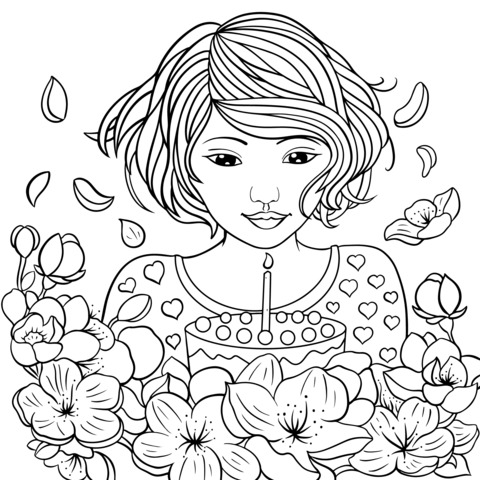 Girl and Birthday Cake Coloring Page