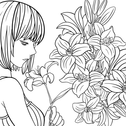 Coloring Page of a Girl Holding Lilies