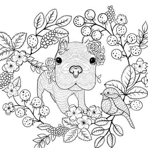 Página de Colorir de um Cachorro Adorável, um Pássaro e Flores