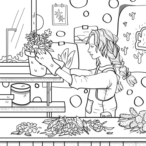 花を植える女の子の塗り絵ページ