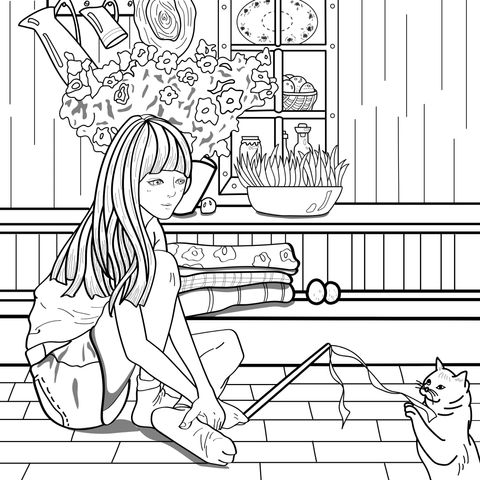 Escena de Pagina para Colorear de una Chica Interactuando con un Gato