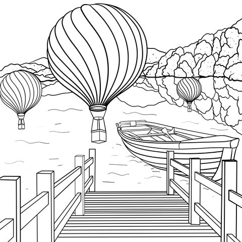 Hot - air Balloons and a Boat by the Lake