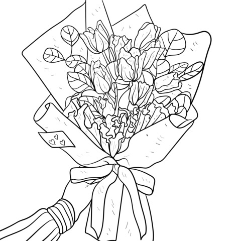 Coloring Page of a Hand - Held Tulip Bouquet