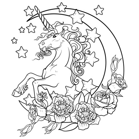 Página para colorear de unicornio con luna, estrellas y flores