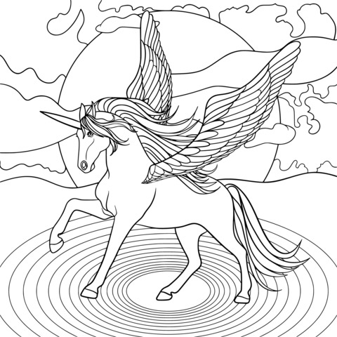 Dreamy Unicorn Coloring Page: A Magical Creature Flying Over Water