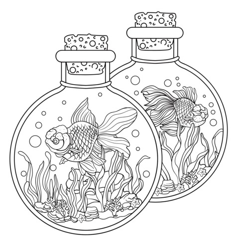 ガラス瓶の金魚の塗り絵ページ