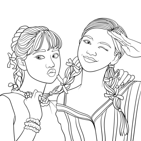 Twin - girl Coloring Page: Playful Best - friend Images Await Your Colors