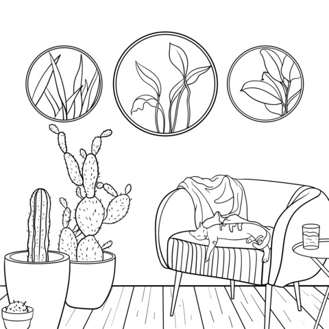 Indoor Green Plants and Resting Cat Coloring Page