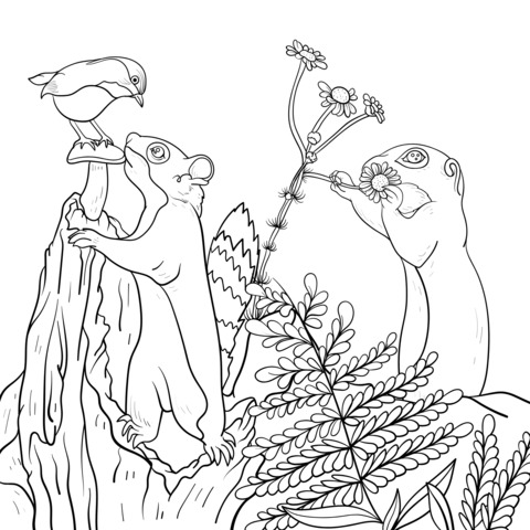 Coloring Page of Squirrels and a Bird in a Natural Scene