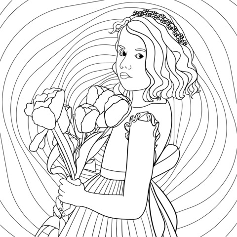 Coloring Page of a Girl Holding Tulips