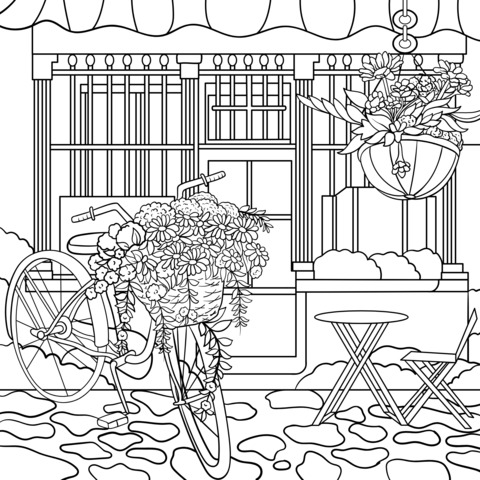 Bicycle in Front of a Flower Shop Coloring Page