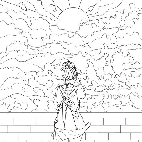 Girl Admiring Gorgeous Clouds Coloring Page