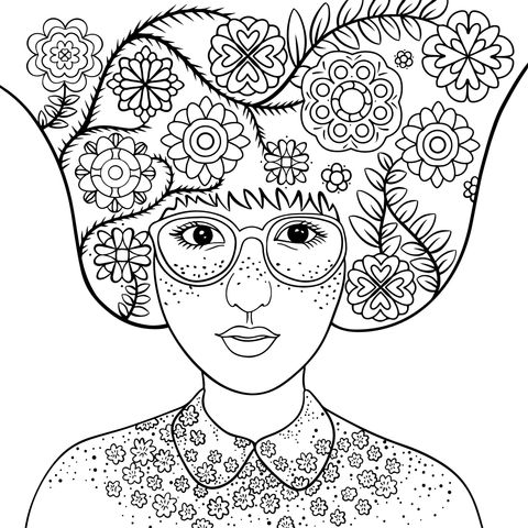 Coloring Page of a Lady with a Floral Hairstyle