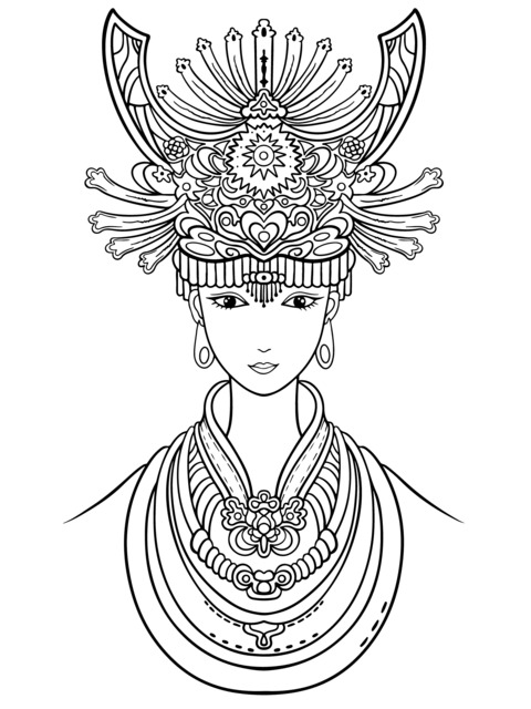 Coloring Page of a Woman with Exquisite Ethnic Headwear