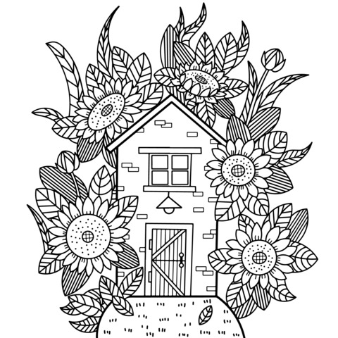 Coloring Page of a House Surrounded by Sunflowers