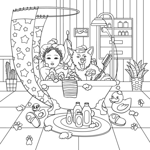 Coloring Page of a Girl and a Dog Taking a Bath in the Bathroom