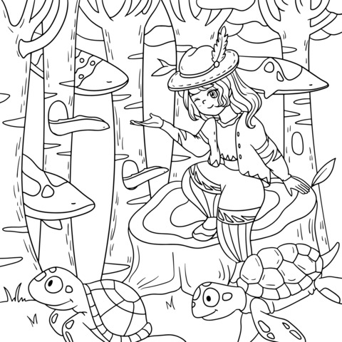 Coloring Page of a Girl in a Fairy - Tale Forest