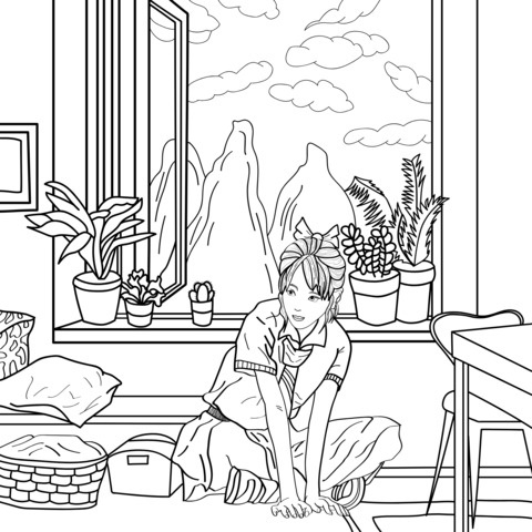 Coloring Page of a Girl by the Window in an Indoor Scene