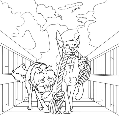 Coloring Page of Two Dogs Playing on a Bridge