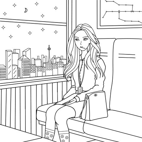 Coloring Page of a Girl on the Subway at Night