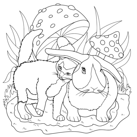 Adorable Cat and Rabbit in Mushroom Field Coloring Page